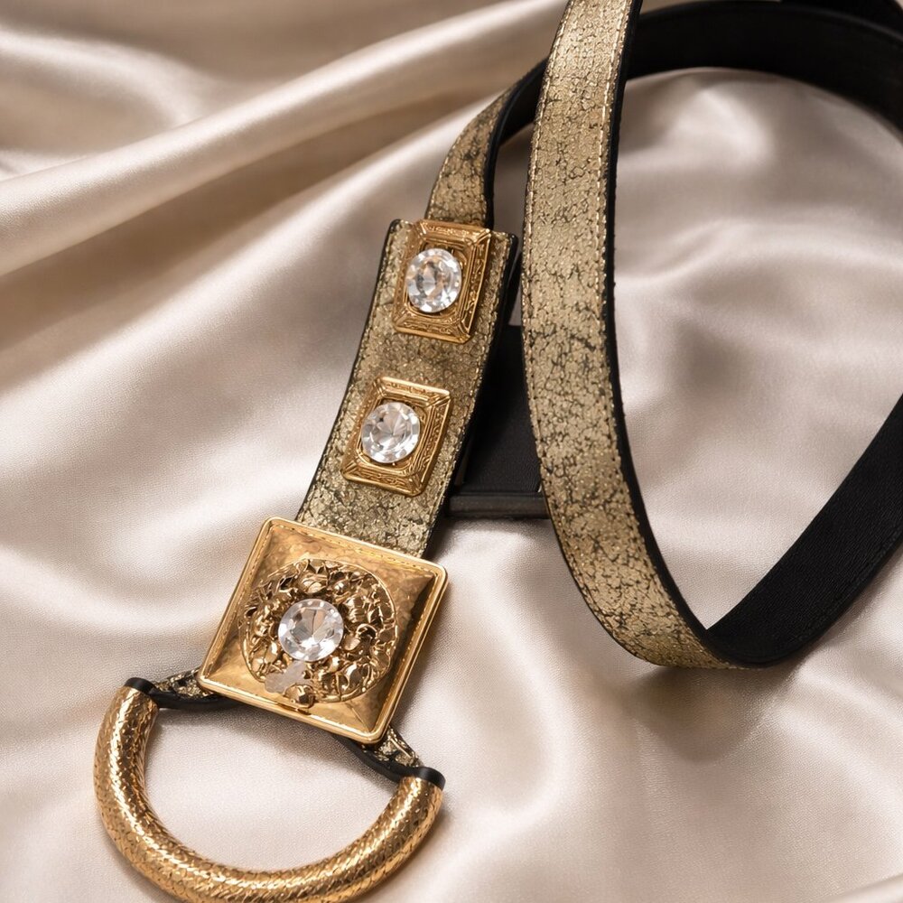 Gold Crystal Statement Waist Belt Sculptural Buckle Adjustable